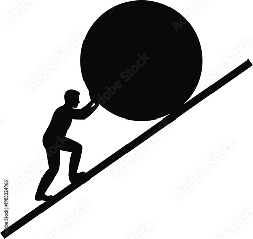 Concept of persistence and hard work showing silhouette of man pushing heavy boulder up steep hill.