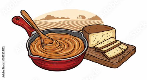 Creamy spread in pan, sliced loaf, and rustic farm scene