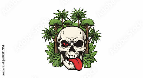 Creepy skull with red eye and tongue sticking out, surrounded by tropical trees