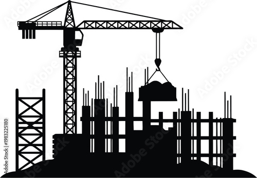 City building construction site with tower crane and frame structure silhouette.