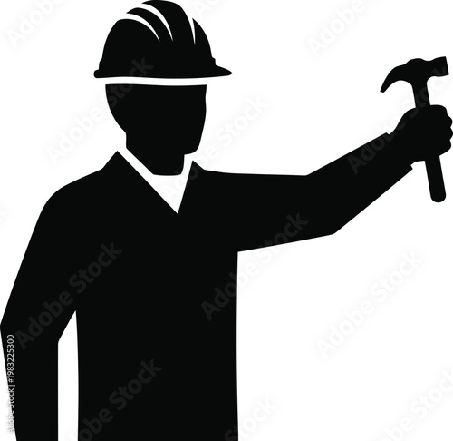 Professional worker silhouette holding hammer in raised hand wearing safety hard hat for construction maintenance.