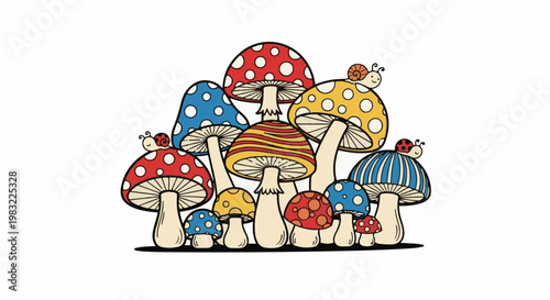 A whimsical arrangement of colorful, patterned mushrooms with friendly ladybugs