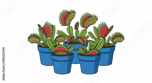 A vibrant illustration of multiple Venus flytrap plants in blue pots