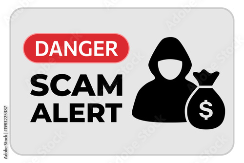 Scam alert warning sign with hooded fraudster and money bag, online fraud and financial scam vector illustration. 