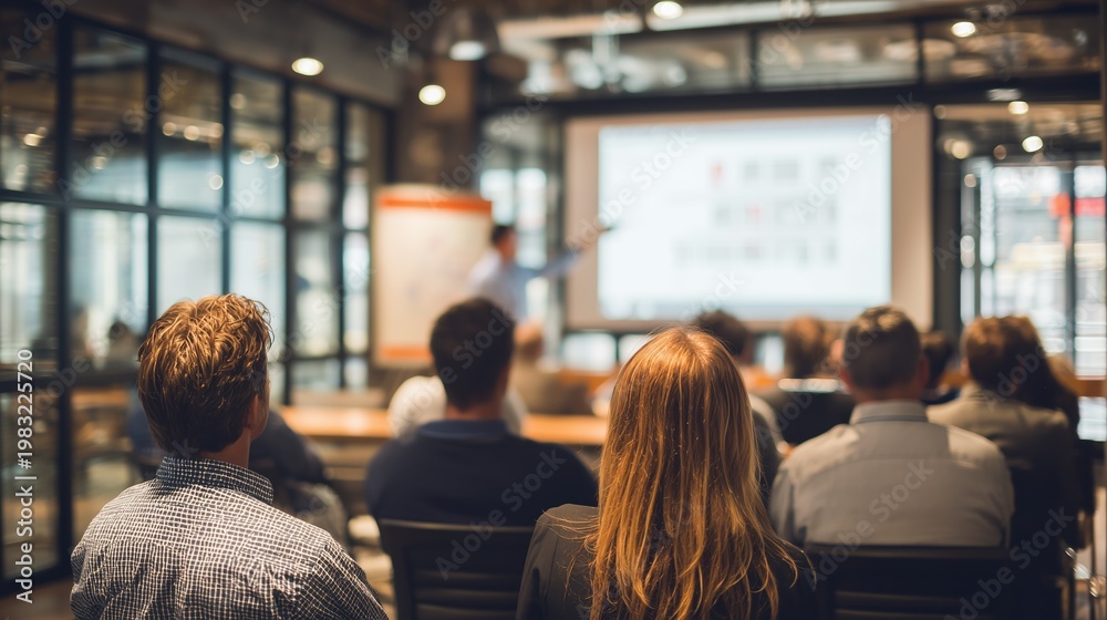 Obraz premium Building Safety Month: building safety training session in a modern corporate conference room, diverse group of employees attentively watching a presentation on emergency procedures 