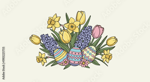 A festive collection of spring flowers and decorated Easter eggs