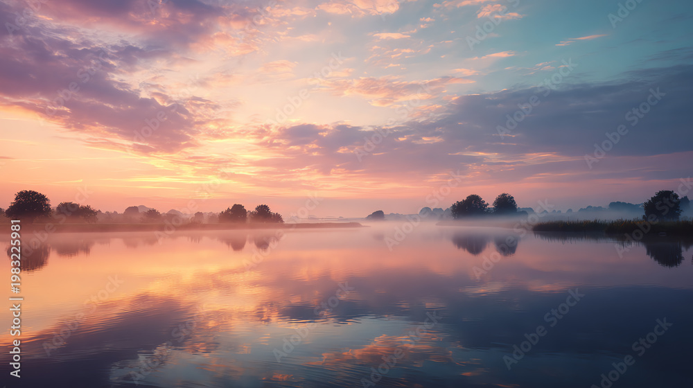 Obraz premium A serene sunset over a calm lake, reflecting vibrant colors and soft clouds in the sky.