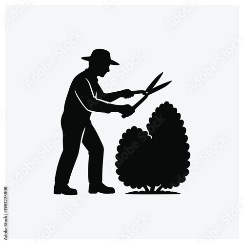 Gardener trimming bush silhouette, man pruning tree, landscaping