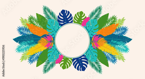 Vibrant tropical foliage frames a central oval space on a pale background