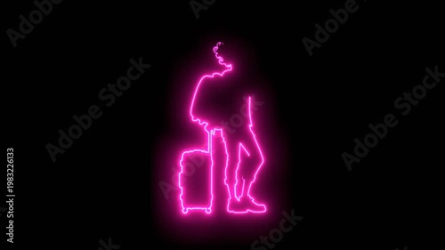Woman silhouette. Young female traveler walking with suitcase and backpacks goes on vacation. Concept of an urban transportation and travel or lifestyle blogs. Neon glowing.