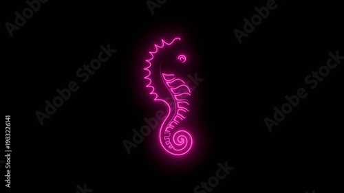 Silhouette of a seahorse. The silhouette captures the distinctive profile of the seahorse. Seafood shop emblem. Restaurant menu, fish market design template. Fresh seafood product. Neon glowing.
