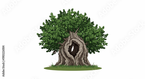 Ancient pixel art oak tree with a hollow trunk and lush green foliage