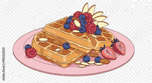 Delicious waffles piled high with berries, nuts, and sliced fruit