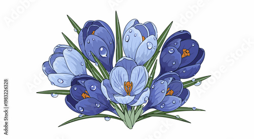 A delicate cluster of purple and blue crocuses adorned with dew drops