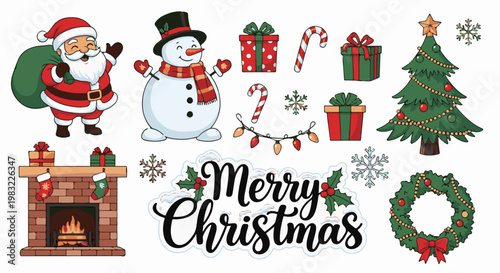 Festive Christmas illustrations Santa, snowman, tree, gifts, fireplace, wreath, candy canes