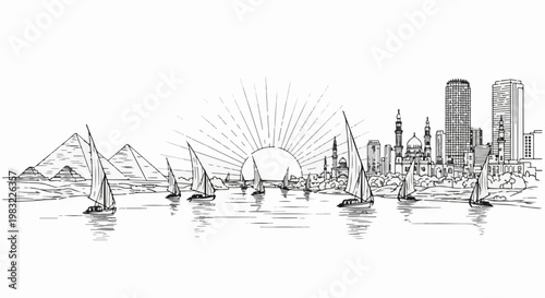Egyptian pyramids, feluccas on the Nile, and a modern city skyline at sunrise