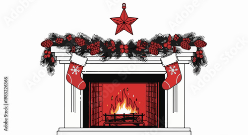 Festive fireplace with glowing fire, pine garland, stockings, and red star topper