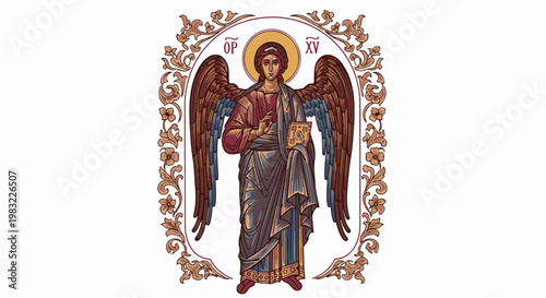 Iconographic depiction of an angel with large wings, holding a book