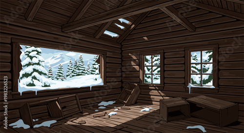 Interior of a rustic, abandoned log cabin with snow visible through windows