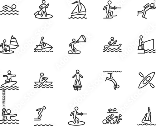 Vector set of water sports line icons. Contains icons swimming, diving, surfing, wakeboarding, sailing, windsurfing, kayaking, jet skiing, triathlon and more. Pixel perfect.