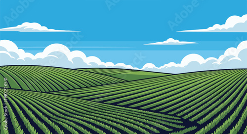 Lush green rolling fields under a bright blue sky with fluffy white clouds