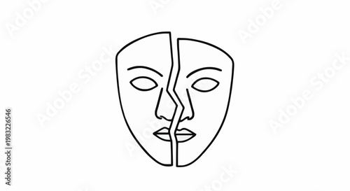 Abstract line art icon depicting a broken human face or theatrical mask, symbolizing fragmented identity, emotional duality, inner conflict, and psychological distress within a minimalist design