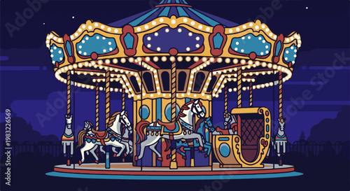 Nighttime carnival carousel glows with ornate lights and painted horses