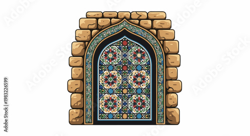 Ornate arched window with intricate geometric patterns and stone surround