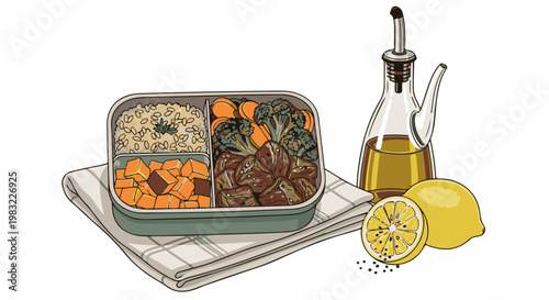 A lunchbox filled with grains, cubed vegetables, and meat, with oil and lemon