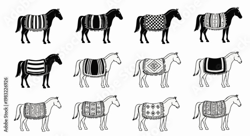 Twelve stylized horses with decorative blankets in black and white