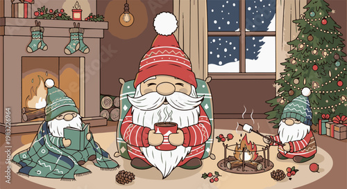 Whimsical gnomes enjoy cozy winter evening indoors with a fire, cocoa, and tree