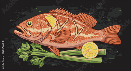 Whole baked fish with lemon slices and celery on a dark background