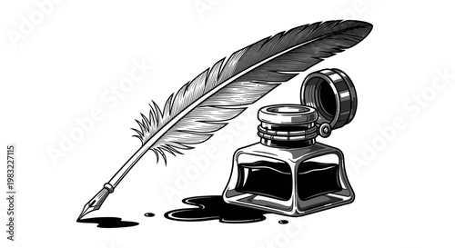 Quill Pen and Inkwell with Ink Splatter - Vintage Writing Tool