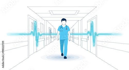Doctor walking down hospital corridor with heartbeat waveform