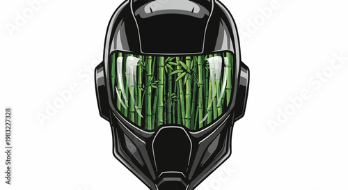 Futuristic helmet displays a dense bamboo forest reflection