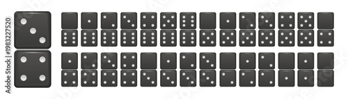 Set of black domino tiles and dice pieces in different combinations. Game elements for logic and casino