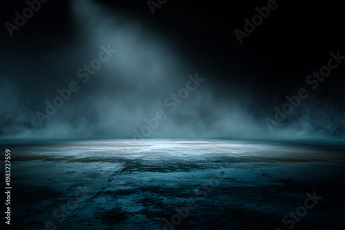 Empty dark room with smoke and light effect.