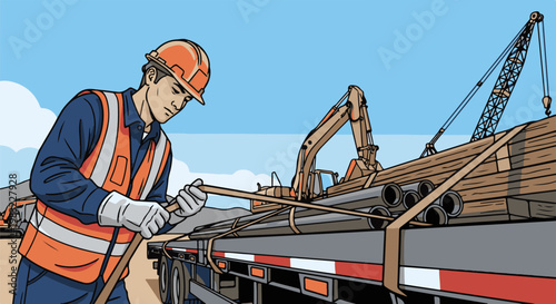 Construction worker securing load of pipes and lumber on flatbed truck