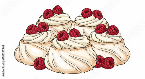 A pile of six creamy meringue desserts topped with raspberries