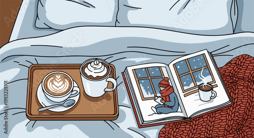 Cozy winter morning with hot drinks and reading in bed