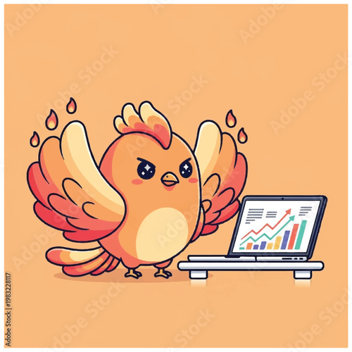 Angry cartoon bird with laptop computer.