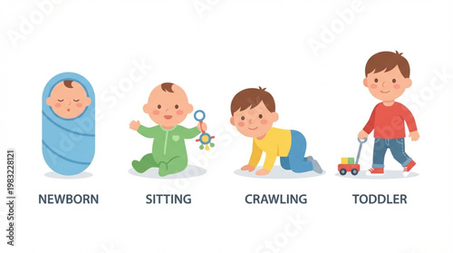 Cartoon illustration of four stages of child development: newborn, sitting, crawling, and toddler, against a clean white background