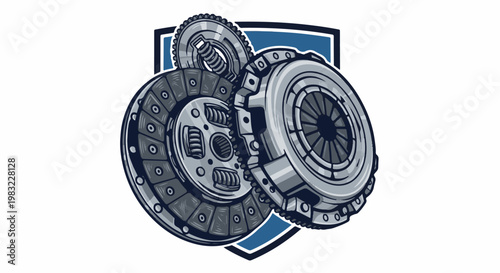 Mechanical clutch assembly and gear depicted against a shield