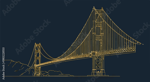 Stylized golden suspension bridge silhouette against a dark blue background