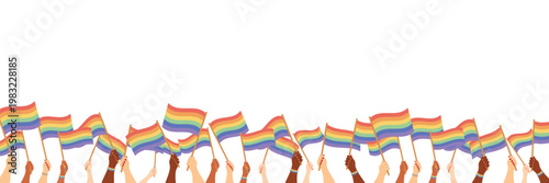Wide vector banner Diverse raised hands holding rainbow pride flags on transparent background. Inclusive border overlay Copy space, perfect for LGBTQ pride events, social campaigns promotional designs