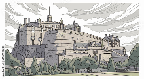 Stylized castle on a rocky outcrop with cloudy sky above