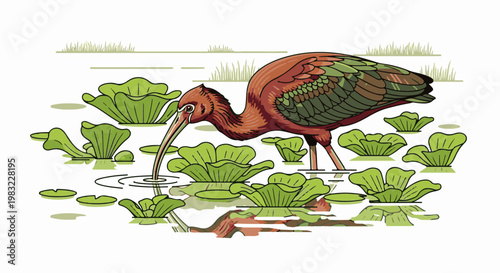 A reddish-brown bird with green wings drinks from a pond surrounded by aquatic plants