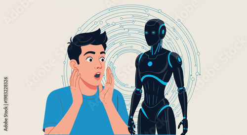 Astonished man reacts to advanced robot, circuit background