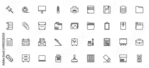 Office supply icon set. Vector illustration of minimalist thin line icons including pin, tape, computer, printer, folder, paper clip, envelope, calculator, laptop and more.