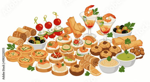 An assorted platter of appetizers, including tiny quiches, spring rolls, and seafood